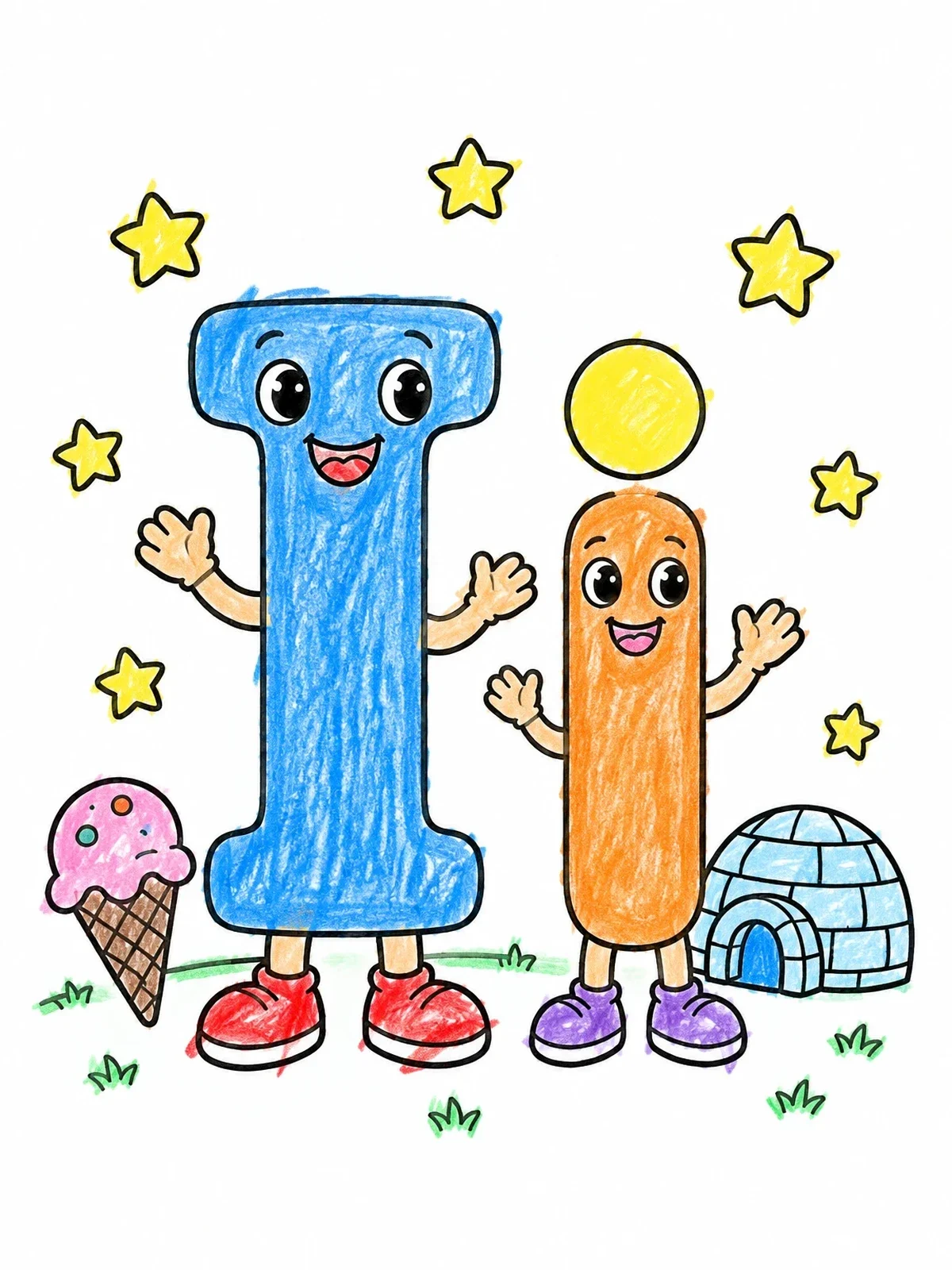 Colored example of the Cheerful Letter I Characters With Ice Cream And Igloo coloring page