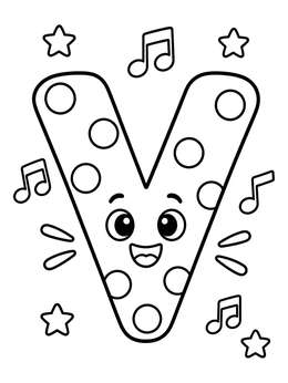 A happy letter V coloring page featuring polka dots, stars, and musical notes.