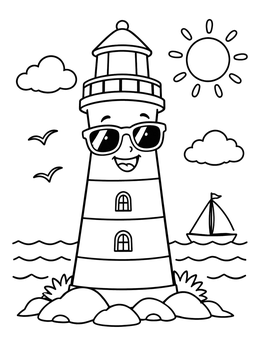 Free printable Cheerful Lighthouse Wearing Cool Sunglasses coloring page