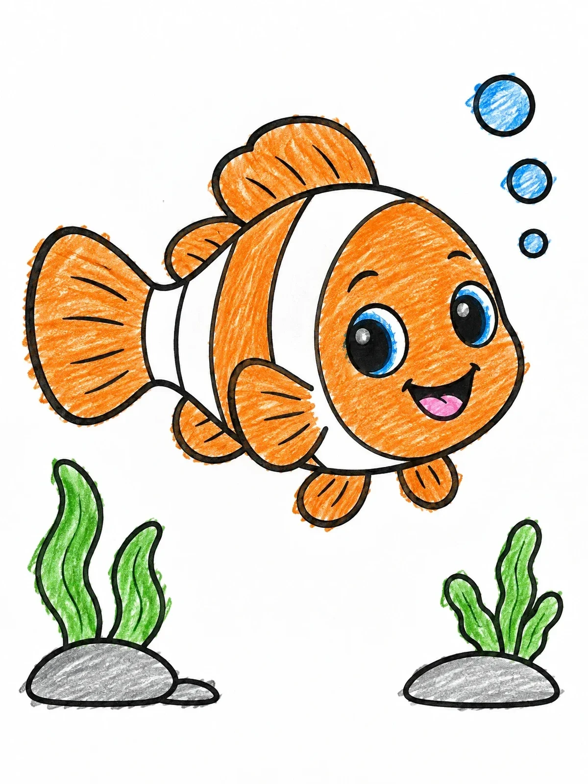Colored example of the Cheerful Little Cartoon Clownfish coloring page