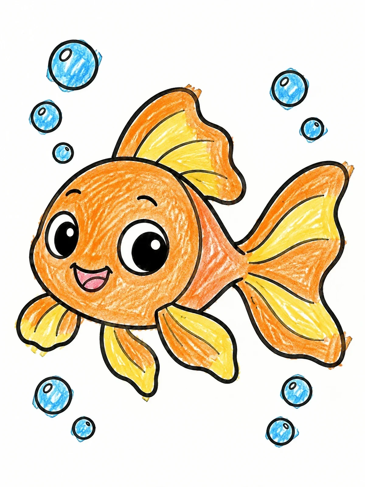 Colored example of the Cheerful Little Cartoon Goldfish coloring page