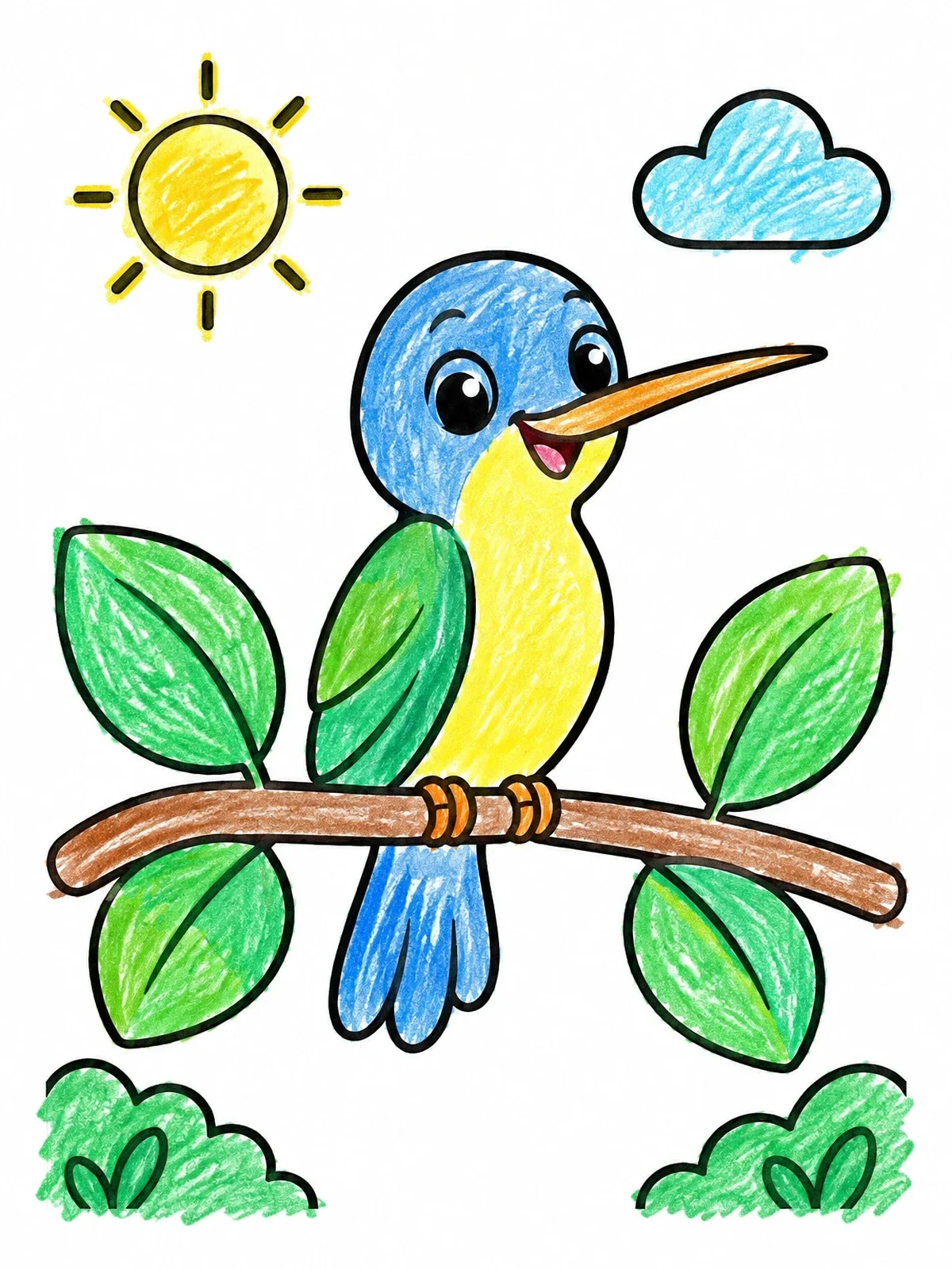 Colored example of the Cheerful Little Hummingbird On Branch coloring page