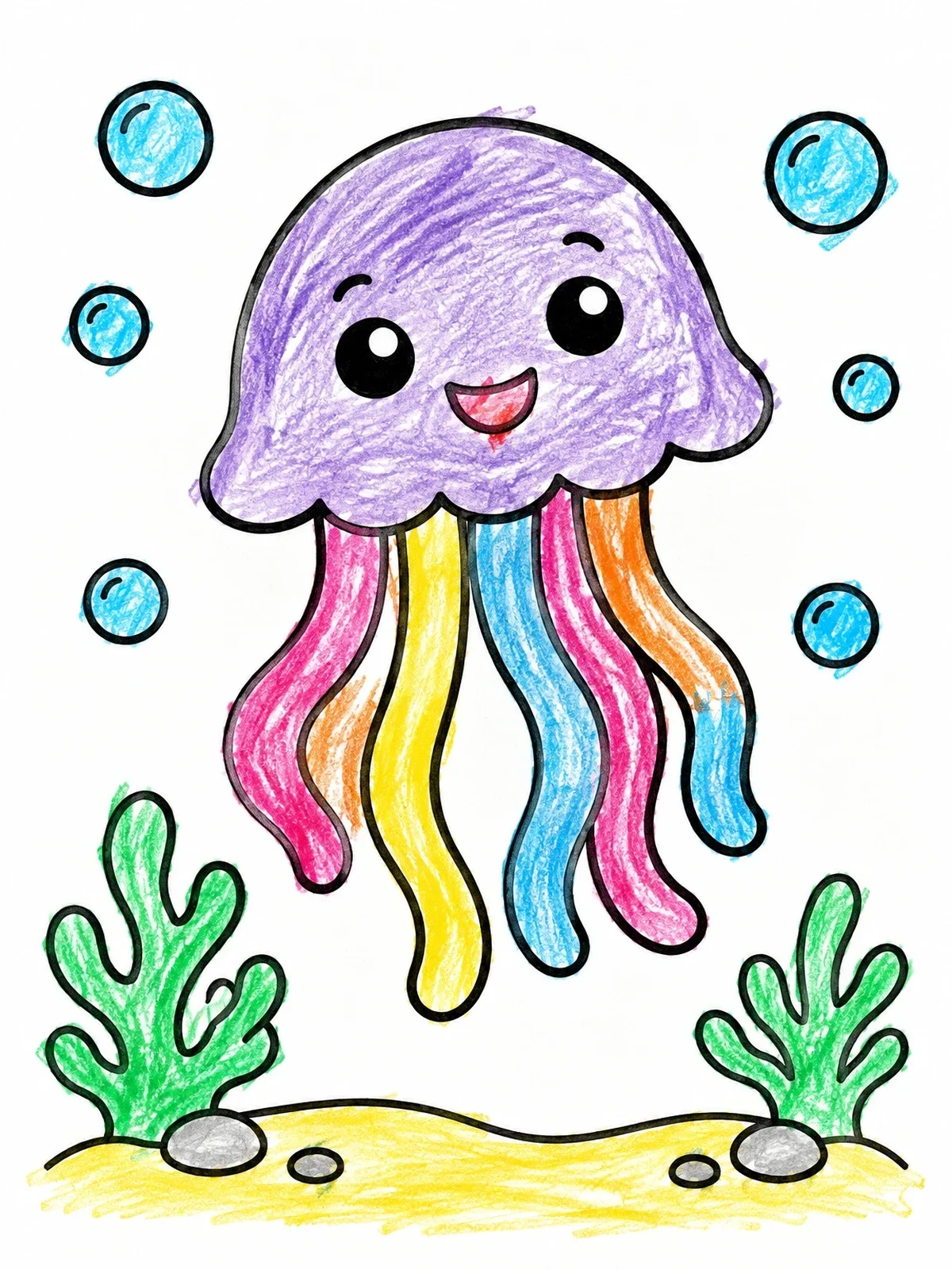 Colored example of the Cheerful Little Jellyfish Underwater coloring page
