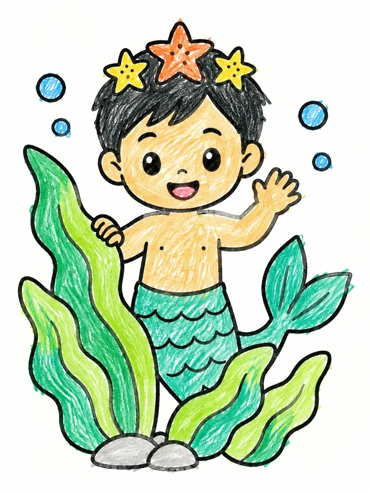 Colored example of the Cheerful Little Merman Behind Sea Kelp coloring page