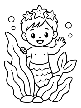 Free printable Cheerful Little Merman Behind Sea Kelp coloring page