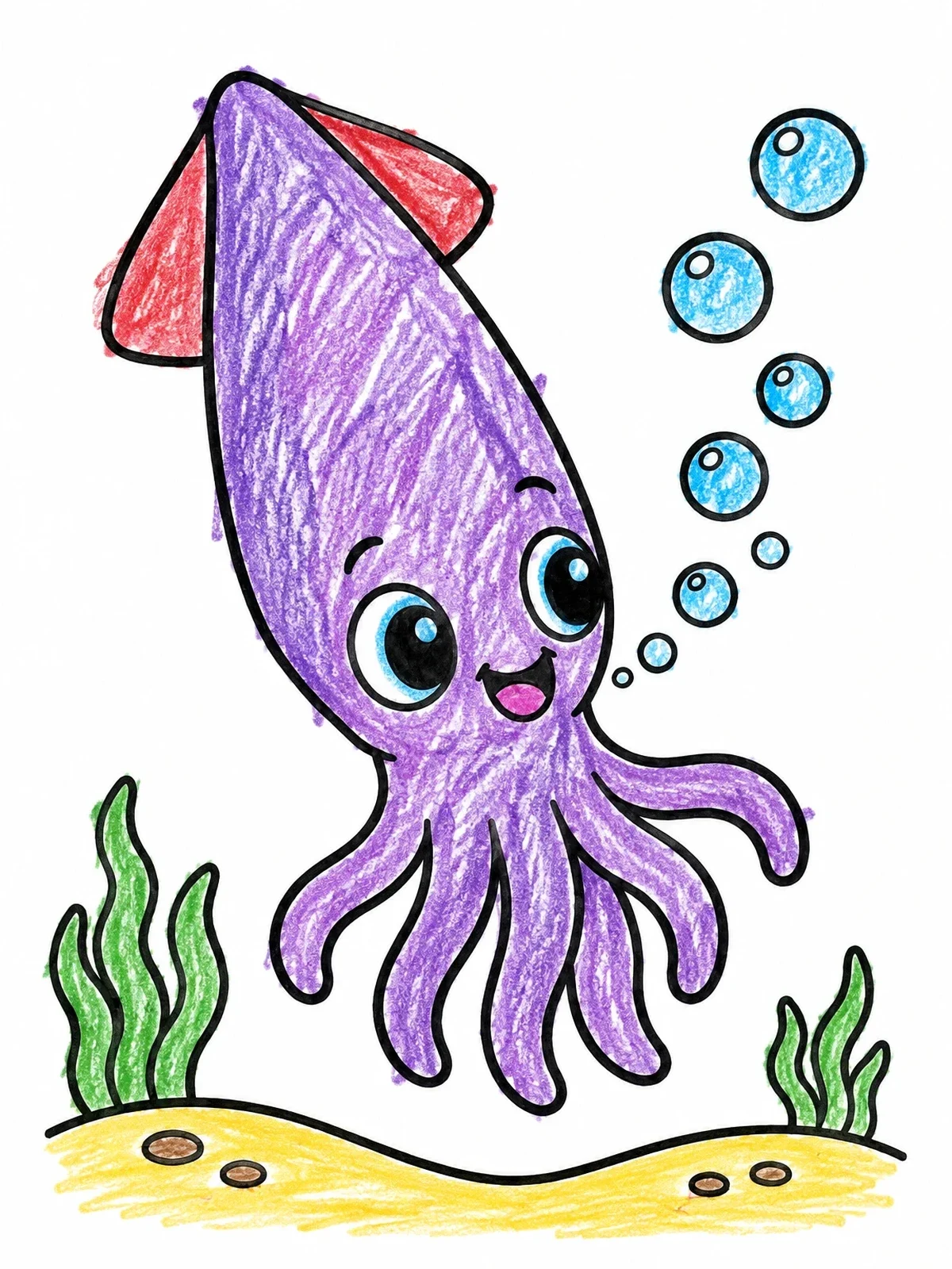 Colored example of the Cheerful Little Squid Underwater coloring page