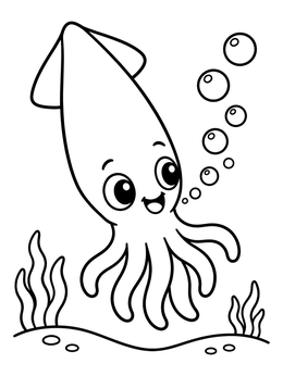 Free printable Cheerful Little Squid Underwater coloring page