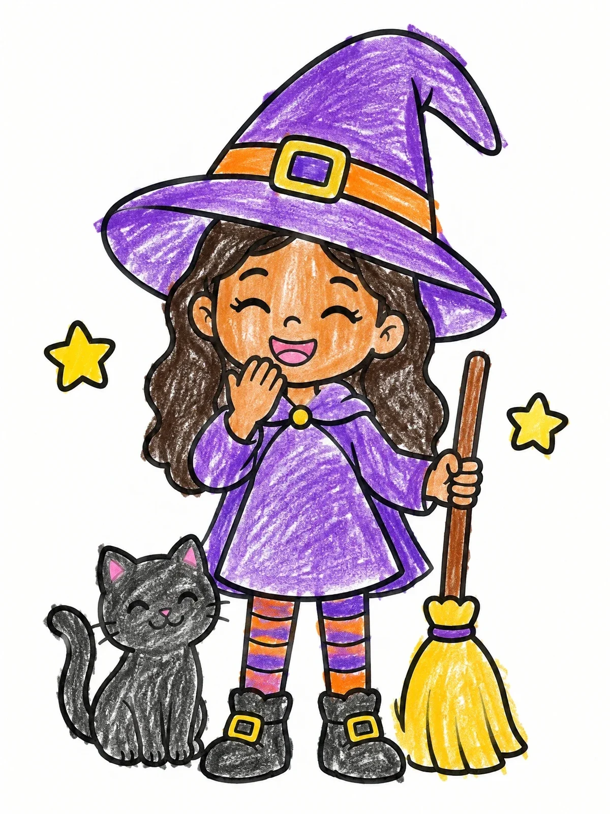 Colored example of the Cheerful Little Witch With Cat And Broom coloring page