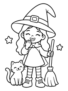 Free printable Cheerful Little Witch With Cat And Broom coloring page