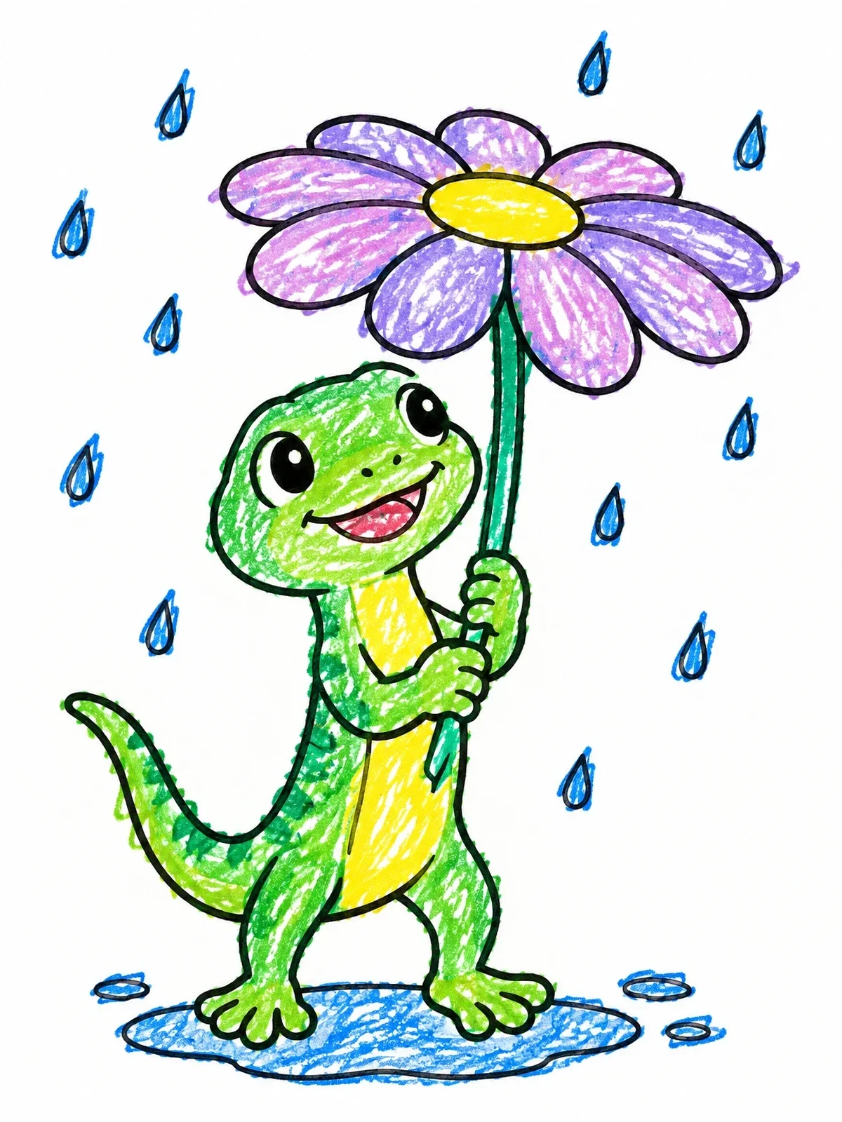 Colored example of the Cheerful Lizard With Flower Umbrella coloring page