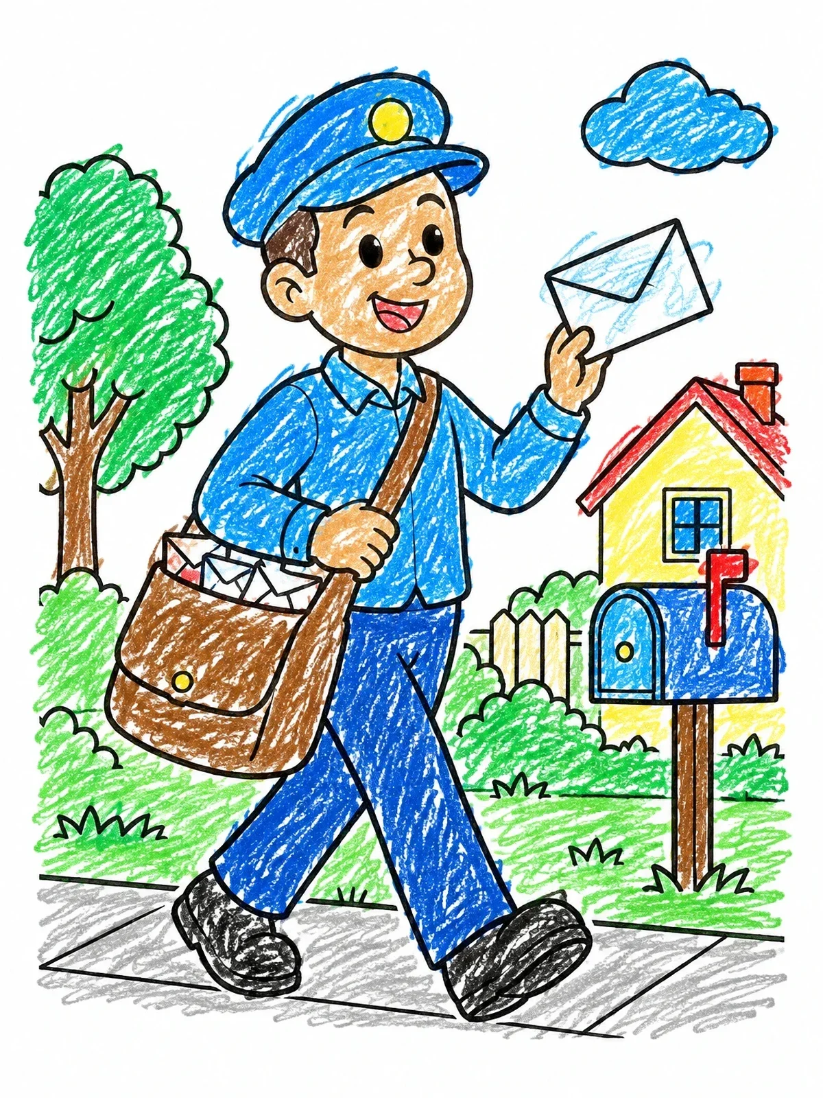 Colored example of the Cheerful Mail Carrier Delivering Letters coloring page