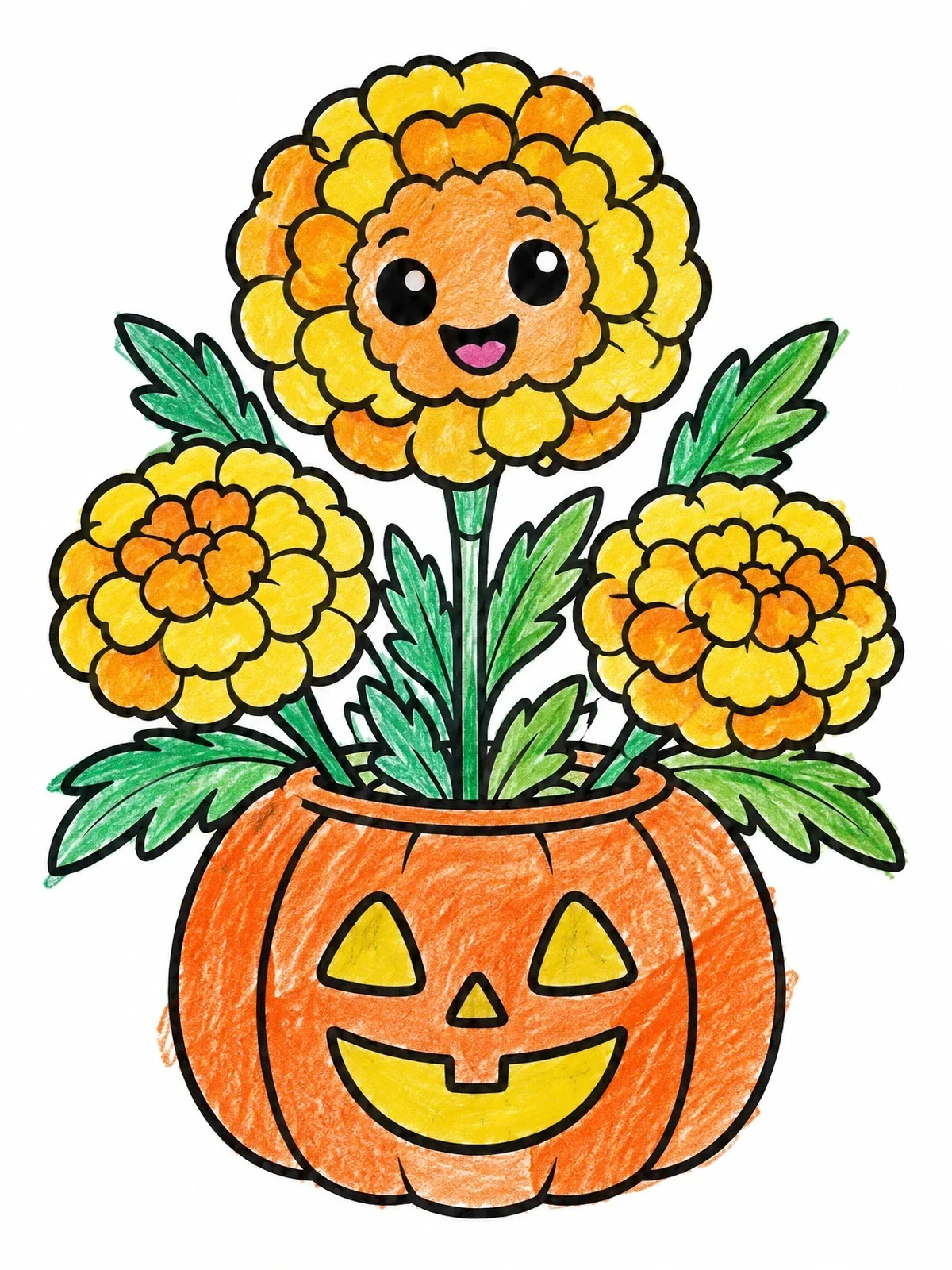 Colored example of the Cheerful Marigolds In Pumpkin Planter coloring page