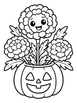 Free printable Cheerful Marigolds In Pumpkin Planter coloring page