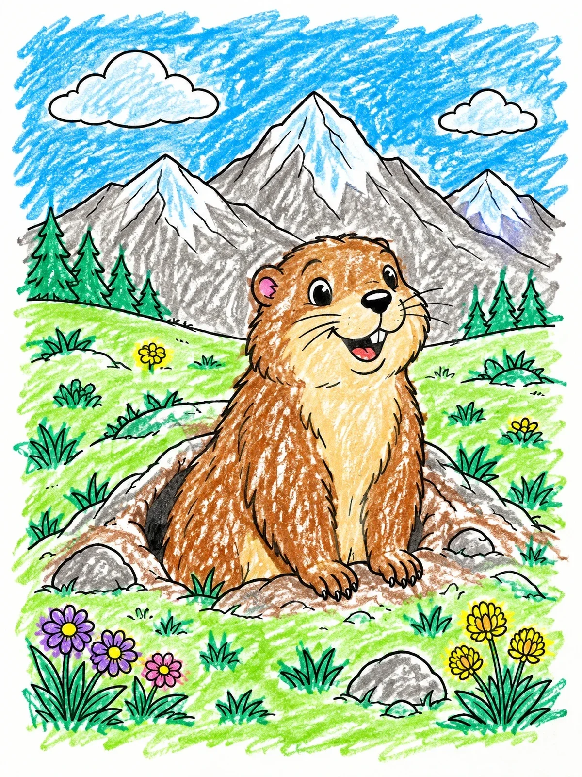 Colored example of the Cheerful Marmot In Alpine Meadow coloring page