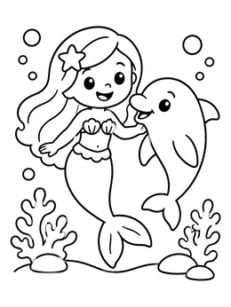 Free printable Cheerful Mermaid Swimming With Dolphin coloring page