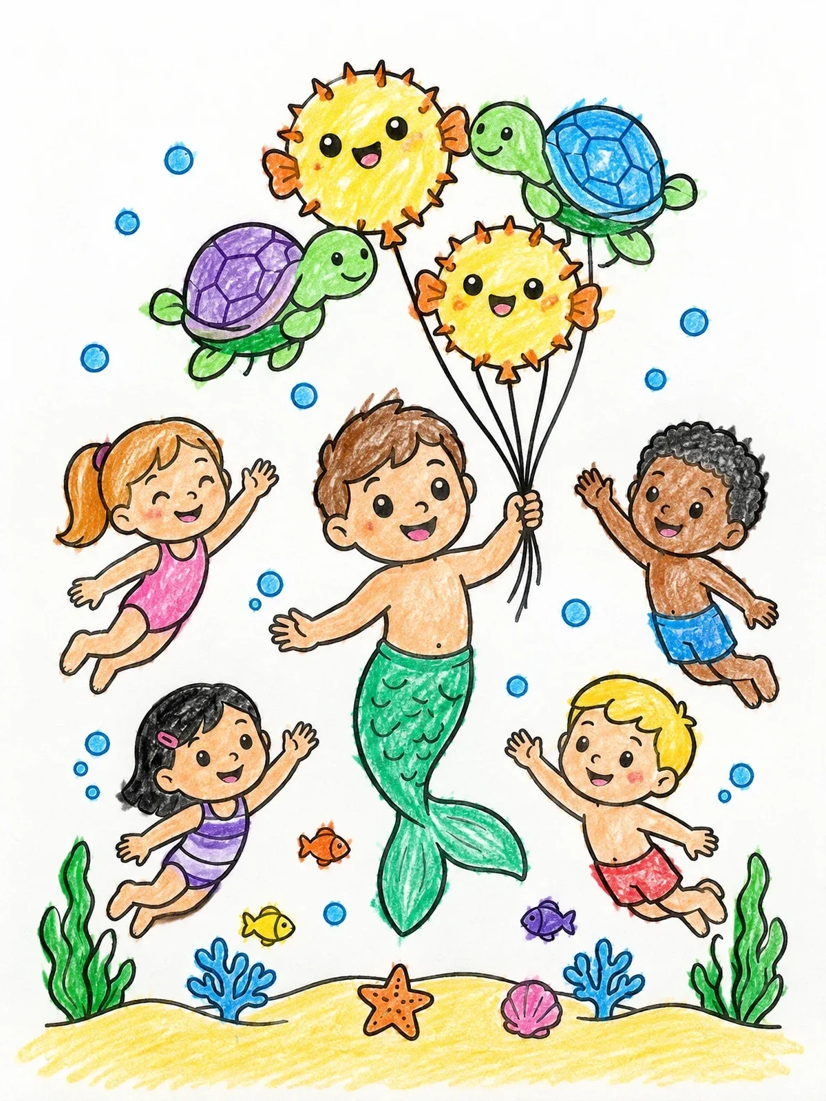 Colored example of the Cheerful Merman With Sea Animal Balloons coloring page