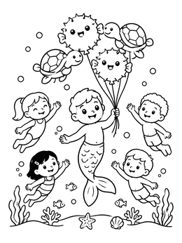 Free printable Cheerful Merman With Sea Animal Balloons coloring page