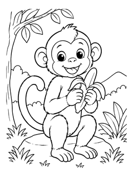 A cheerful monkey coloring page featuring a baby monkey sitting on a rock eating a fresh banana.