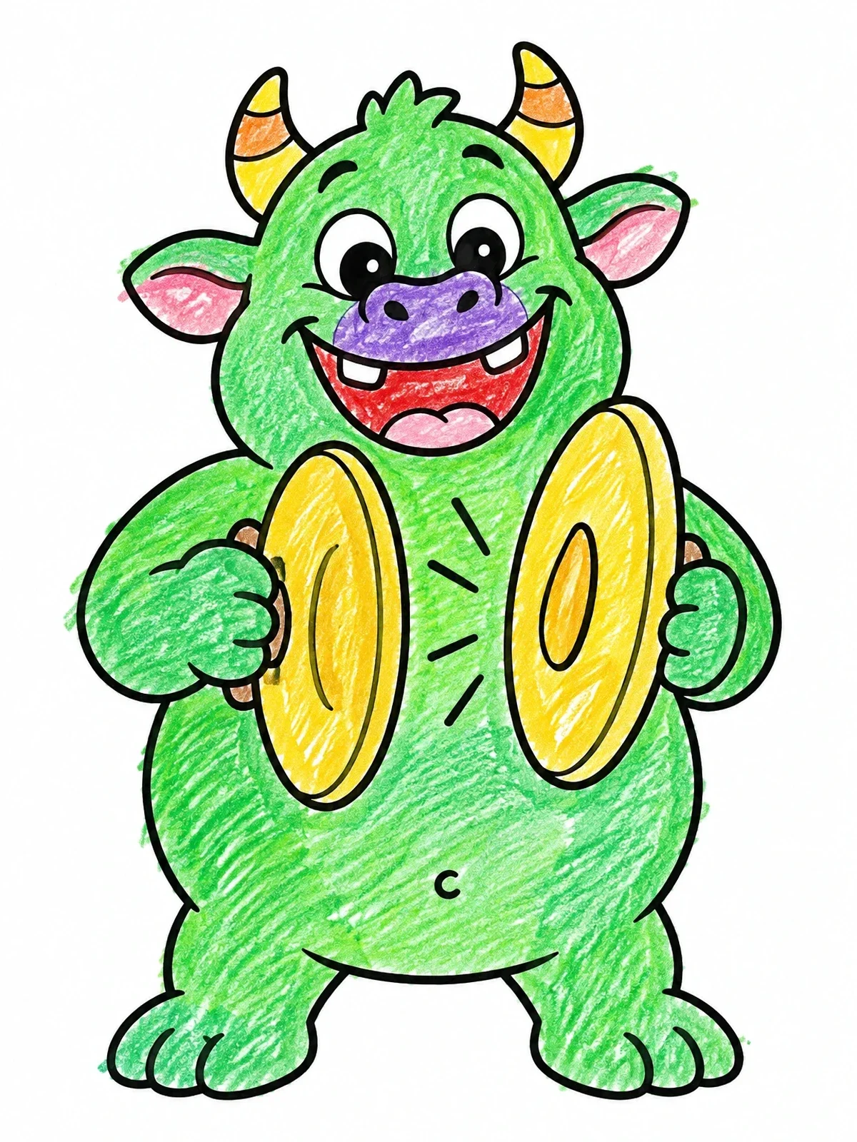 Colored example of the Cheerful Monster Playing Cymbals coloring page