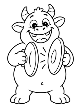A cheerful monster coloring page featuring a horned creature happily crashing cymbals together.