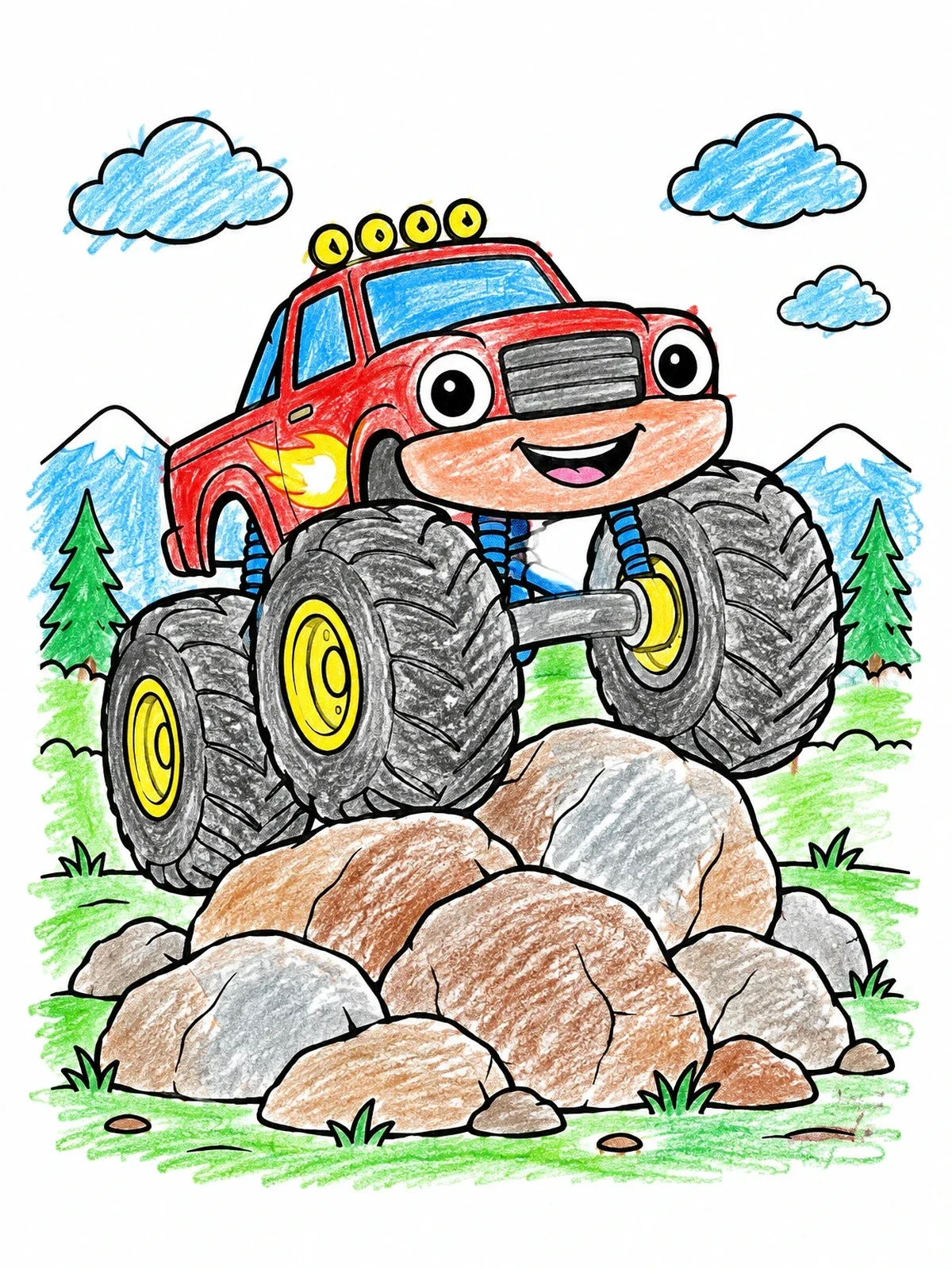Colored example of the Cheerful Monster Truck On Rocks coloring page