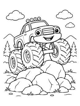 Free printable Cheerful Monster Truck On Rocks coloring page