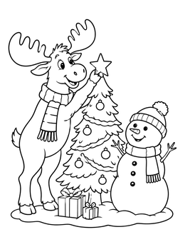A cheerful christmas moose coloring page featuring a moose putting a star atop a tree beside a snowman.