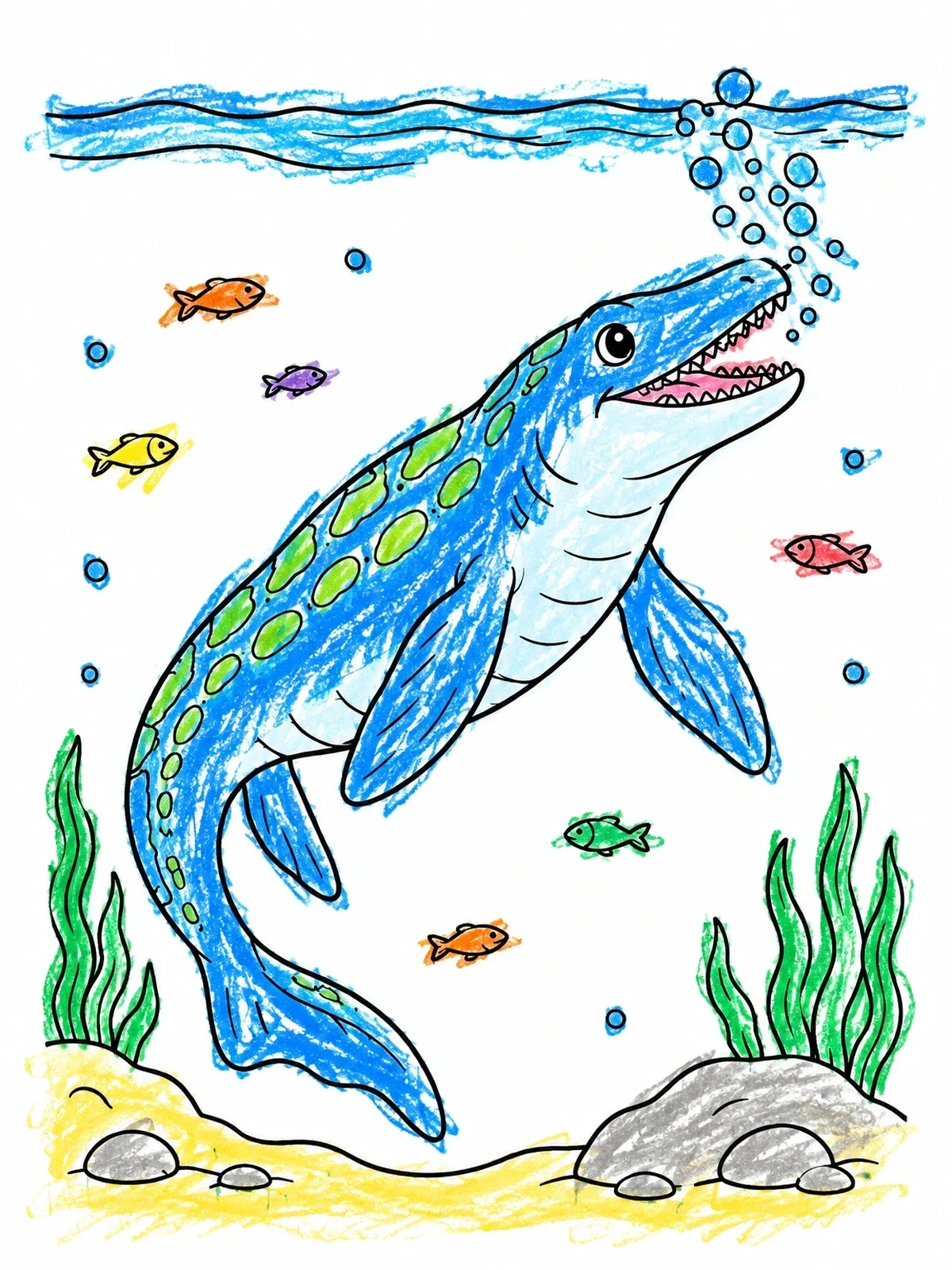 Colored example of the Cheerful Mosasaurus Blowing Bubbles Underwater coloring page