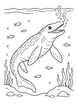 Free printable Cheerful Mosasaurus Blowing Bubbles Underwater coloring page
