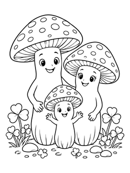 A happy family trio on a cute mushroom coloring page surrounded by clovers.