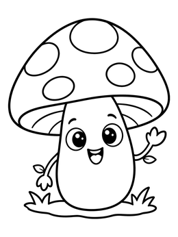 A cute cartoon mushroom coloring page with big eyes waving cheerfully.