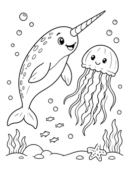 A friendly narwhal coloring page with a cute jellyfish swimming among bubbles underwater.