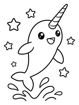 A playful narwhal coloring page with splashing water and shining stars around it.