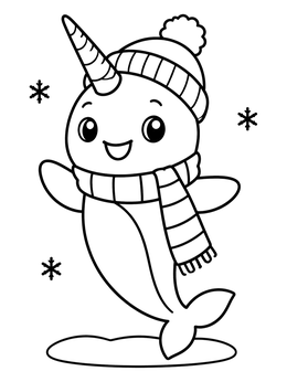 A cheerful cartoon narwhal coloring page with a winter beanie, scarf, and snowflakes.