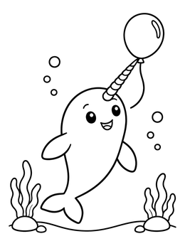 Free printable Cheerful Narwhal With Party Balloon coloring page
