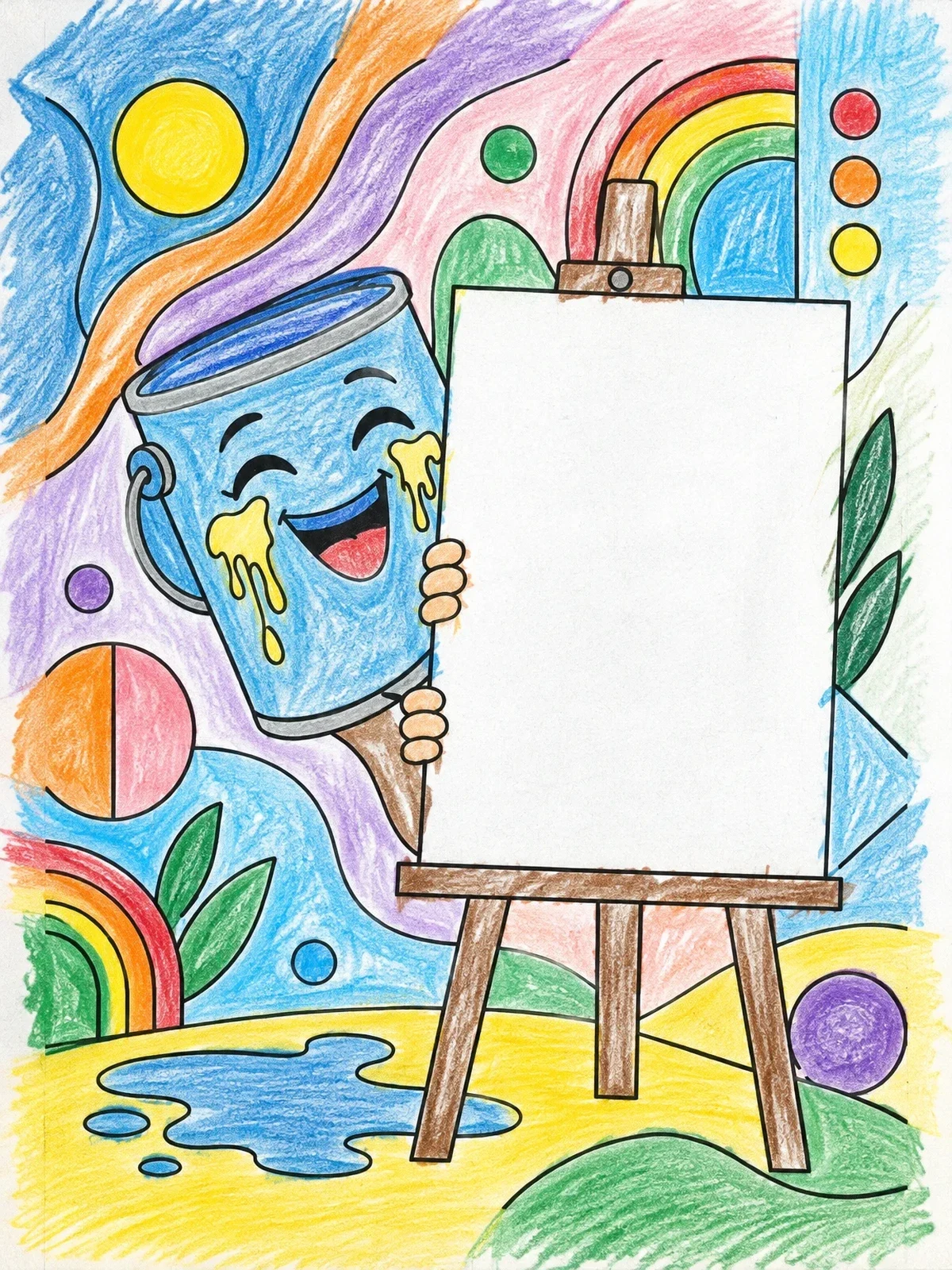 Colored example of the Cheerful Paint Can Behind Easel coloring page