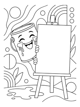 A laughing paint can coloring page peeking out from behind a blank canvas easel.
