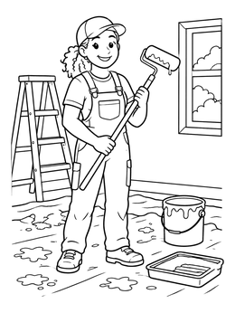 Free printable Cheerful Painter With Roller And Bucket coloring page