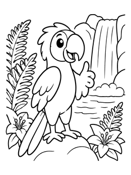 A cheerful cartoon parrot coloring page standing by a tropical waterfall and flowers.