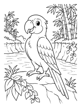 A cheerful cartoon parrot coloring page standing on a rocky riverbank near bamboo.