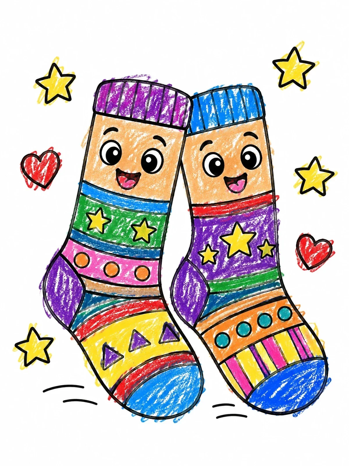 Colored example of the Cheerful Patterned Socks With Faces coloring page