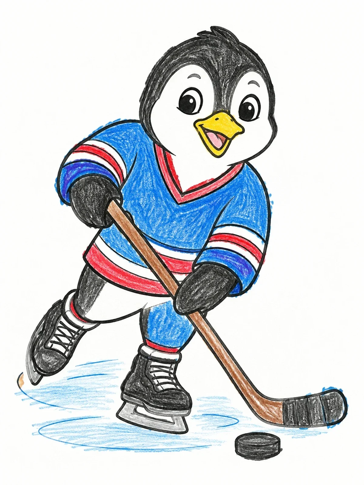 Colored example of the Cheerful Penguin Playing Ice Hockey coloring page
