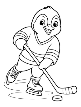 A cute cartoon penguin on ice skates in this hockey coloring page.