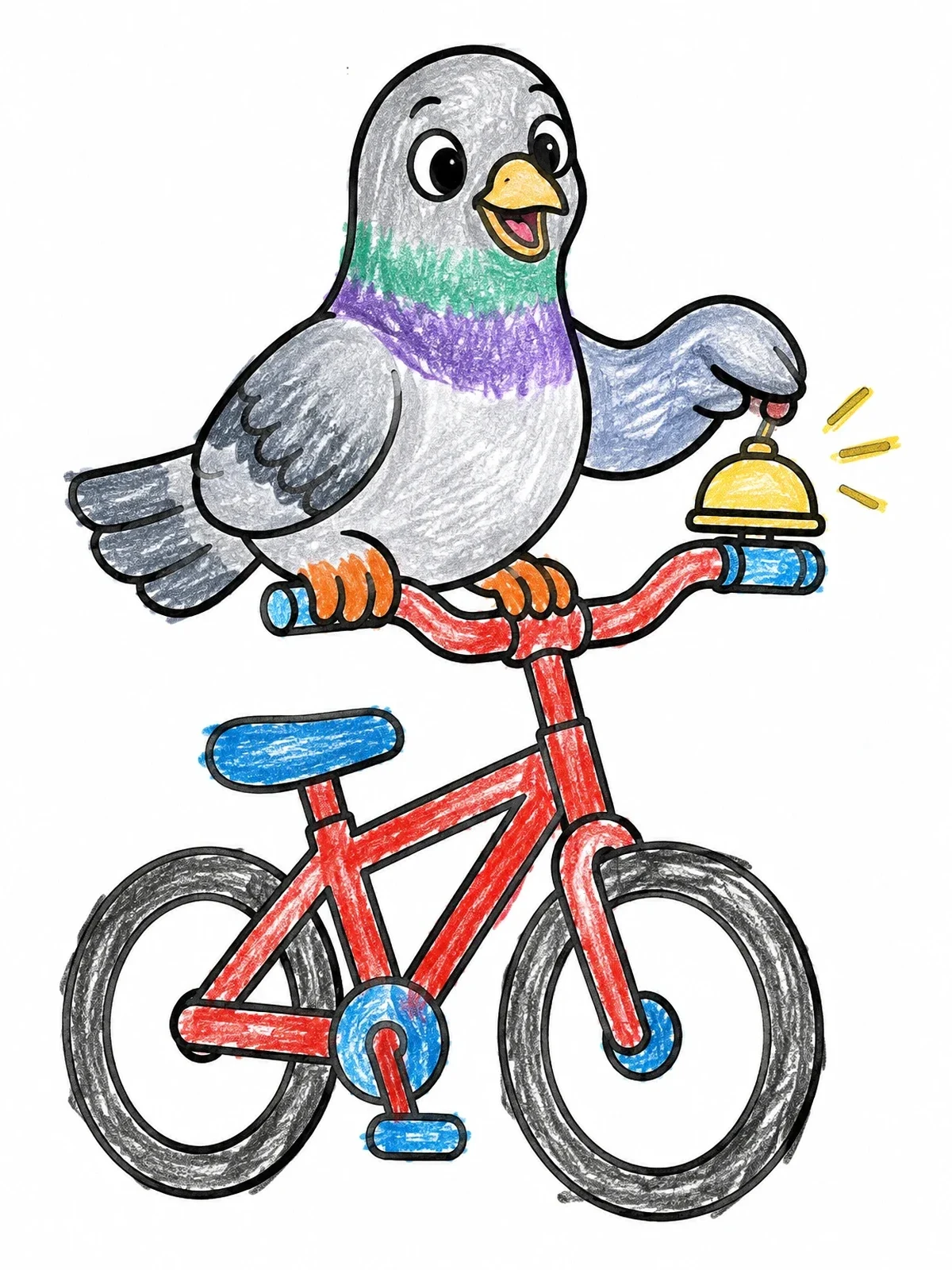 Colored example of the Cheerful Pigeon On A Bicycle coloring page