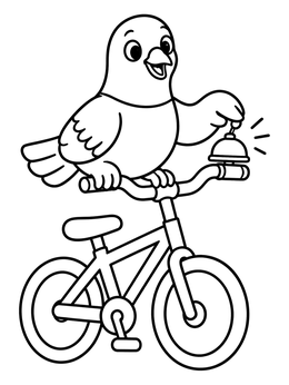 A cute pigeon coloring page showing a cartoon bird ringing a bell on bicycle handlebars.