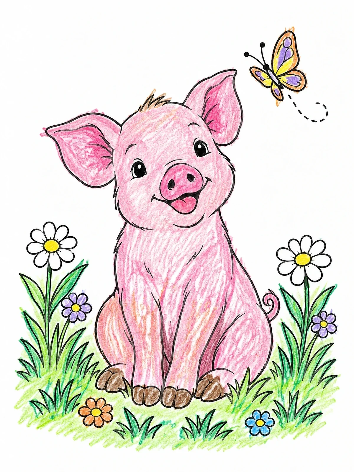 Colored example of the Cheerful Piglet In Meadow With Butterfly coloring page