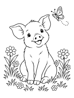A cheerful piglet in meadow with butterfly on this cute pig coloring page.
