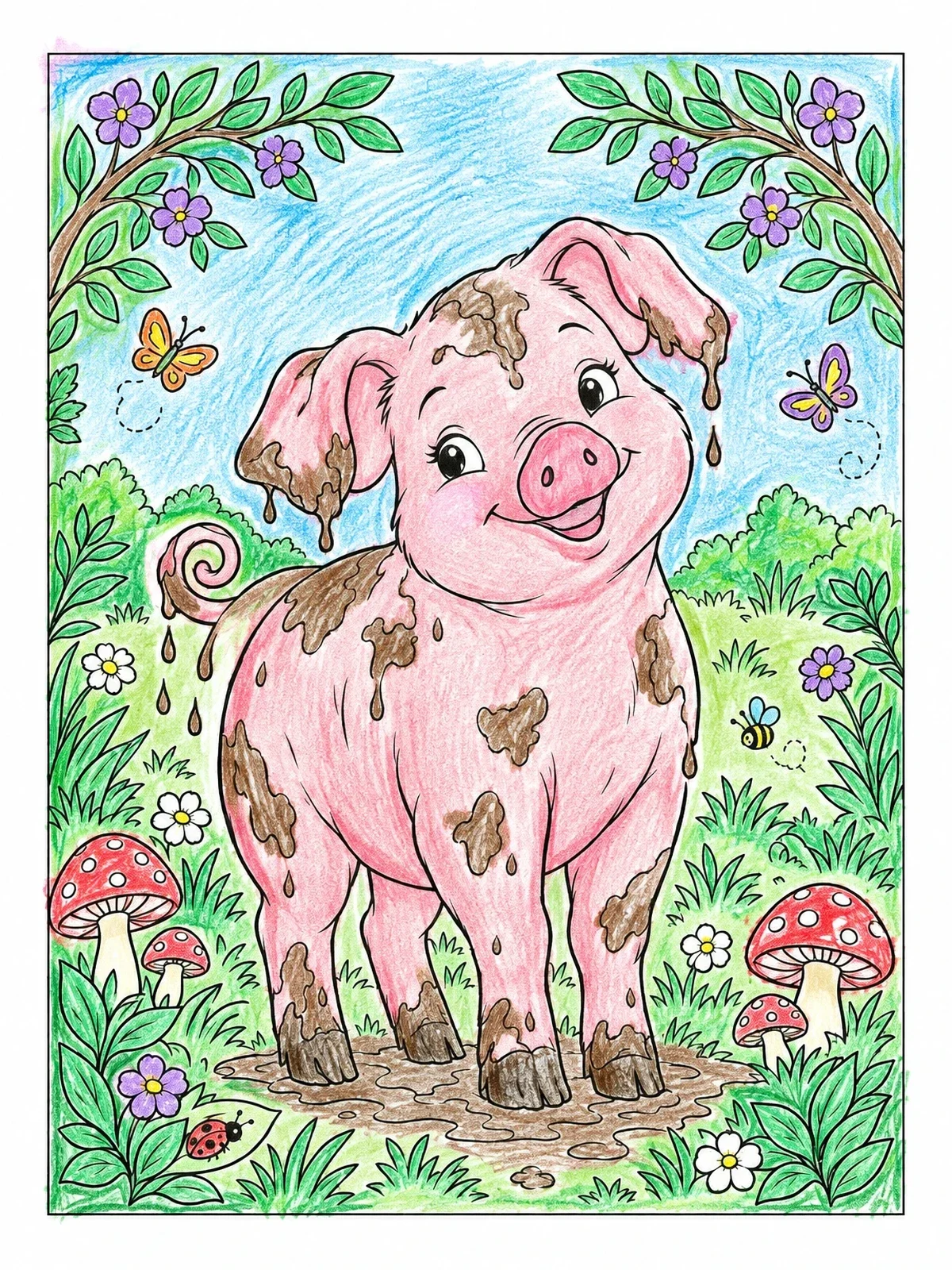 Colored example of the Cheerful Piglet In A Mud Puddle coloring page