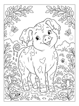A cute pig coloring page showing a happy muddy piglet surrounded by flowers and butterflies.