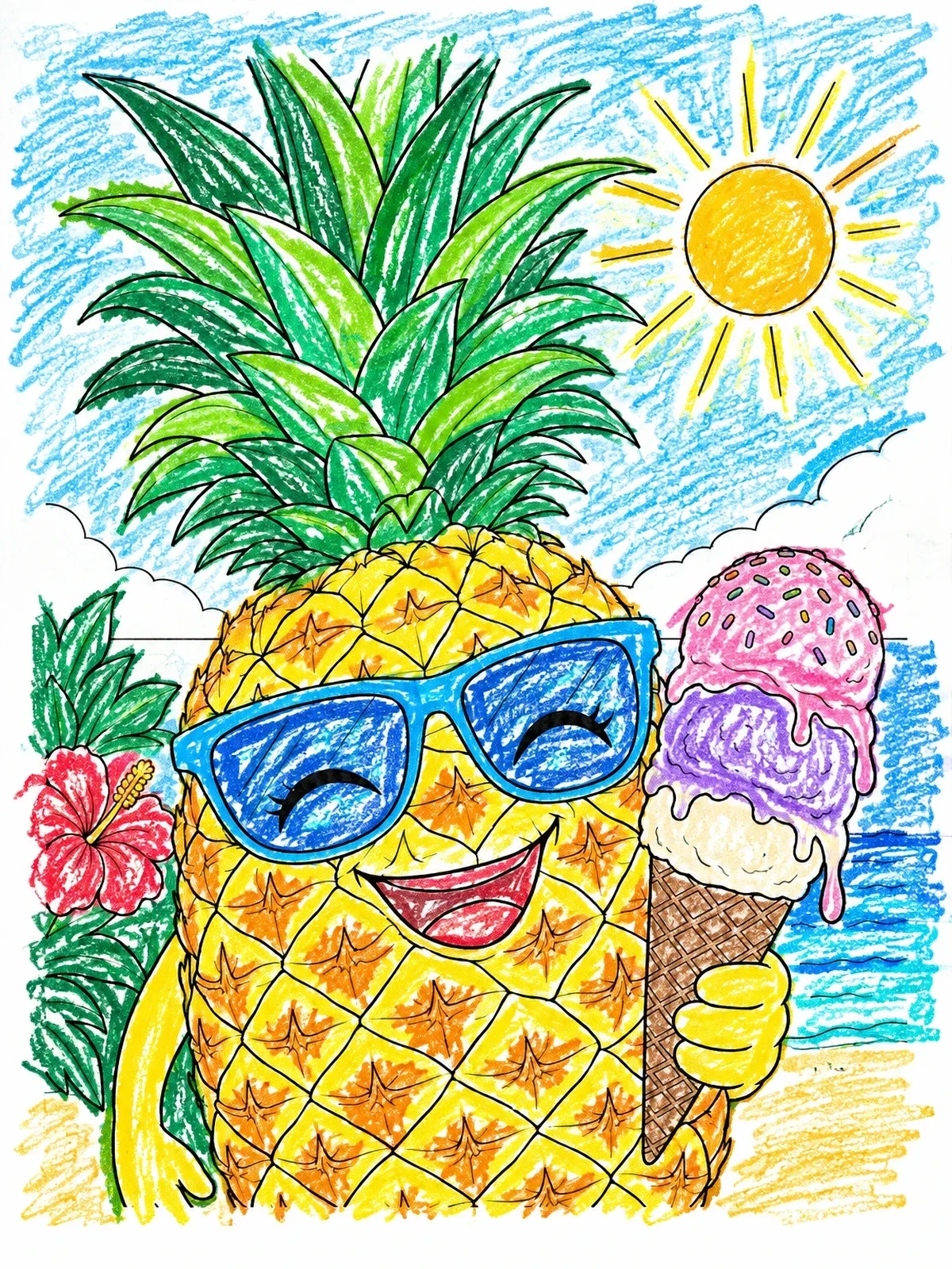 Colored example of the Cheerful Pineapple With Ice Cream Cone coloring page